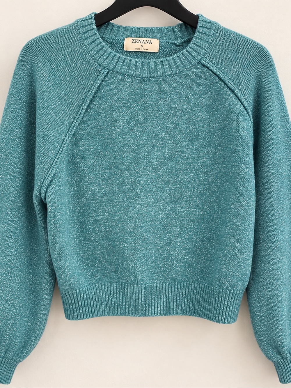 Zenana Outfitters Teal Crewneck Sweater with Subtle Shimmer